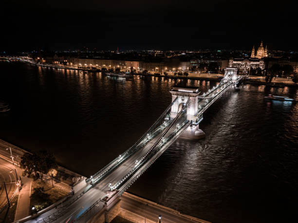 Drone photo Chain Bridge in Budapest, Hungary at night.