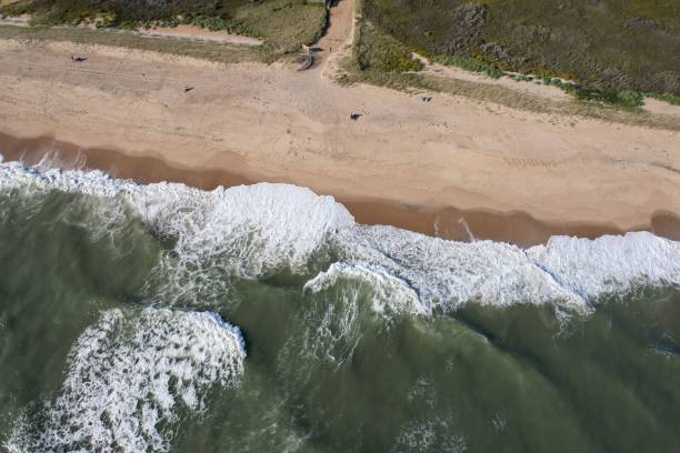 istock Aerial view of a serene beach with crashing waves. 2182799986