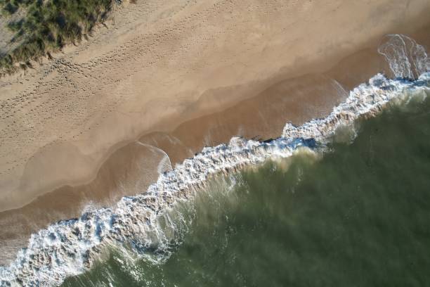 istock Aerial view of a sandy beach with gentle waves and footprints. 2182800108