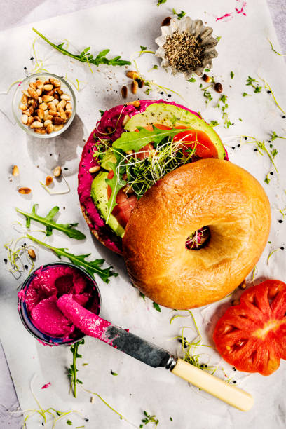 Vegan Bagel with Avocado and Beetroot Hummus