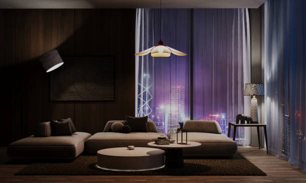 istock Cool light living room by night 2182807280
