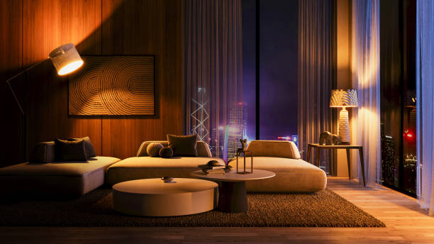 istock Warm light living room by night 2182807281