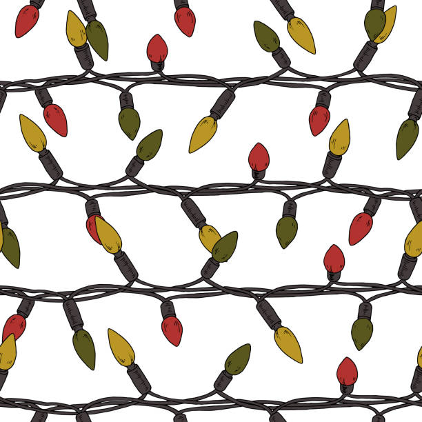 Christmas Lights seamless pattern. Vector outline illustration. Hand drawn vintage holiday garland. Xmas decor line art. Drawing string of bulbs. Background for New Year cards or paper. Color change.