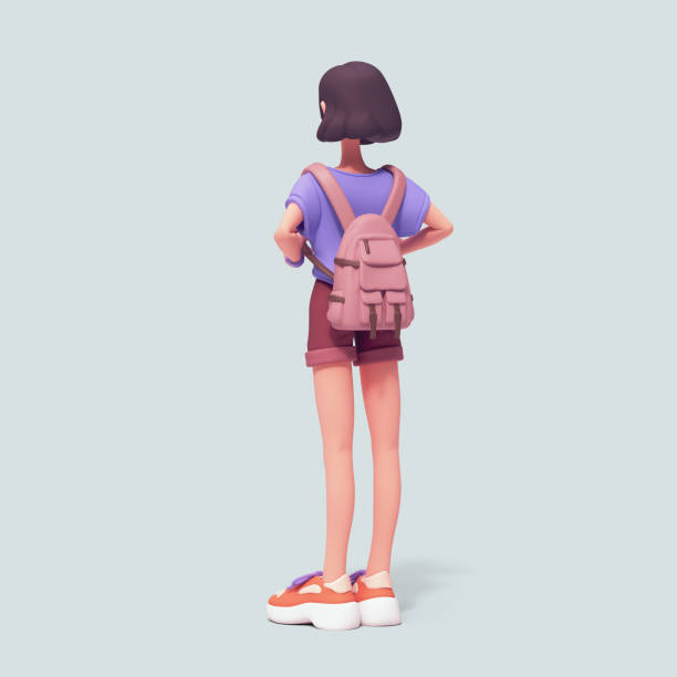 Rear view of cute kawaii funny asian colorful brunette k-pop girl in casual fashion clothes, blue t-shirt, brown shorts standing with backpack. Back to school, college. 3d render in pastel colors.