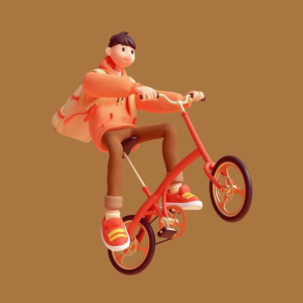 istock 3d render cute excited funny smiling guy rides bicycle up floats in air. 2182811454