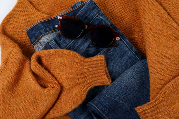 istock Autumn style clothes, top view and close up 2182812556