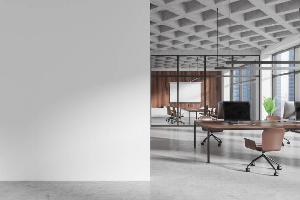 istock Conference room interior with meeting and coworking space, window. Mock up wall 2182814600