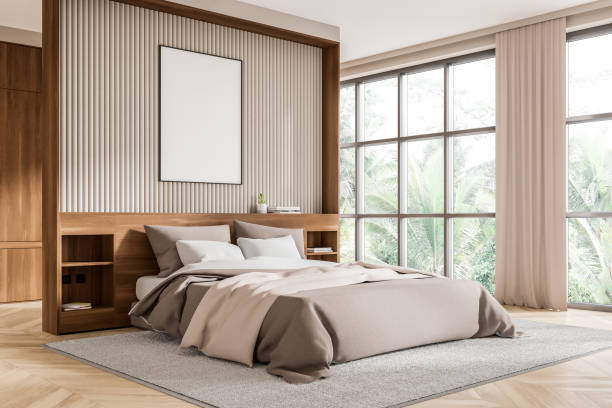 istock Minimalist bedroom with blank poster on wall above bed. 3D Rendering 2182814759