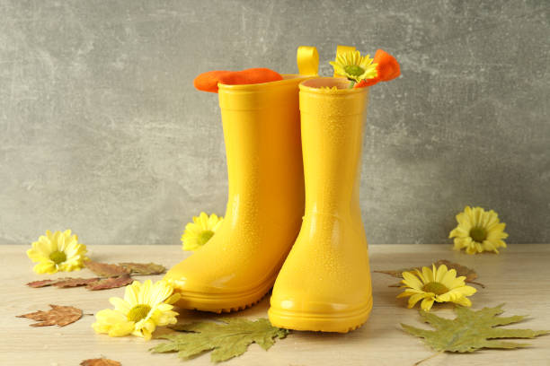 Rubber boots with flowers on wooden table with leaves.