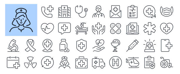 perawatan medis dan rumah sakit ikon garis besar stroke yang dapat diedit terisolasi pada ilustrasi vektor datar latar belakang putih. piksel sempurna. 64 x 64 - operasi ilustrasi stok