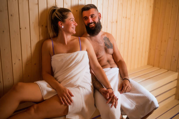 istock Young couple at sauna 2182815508