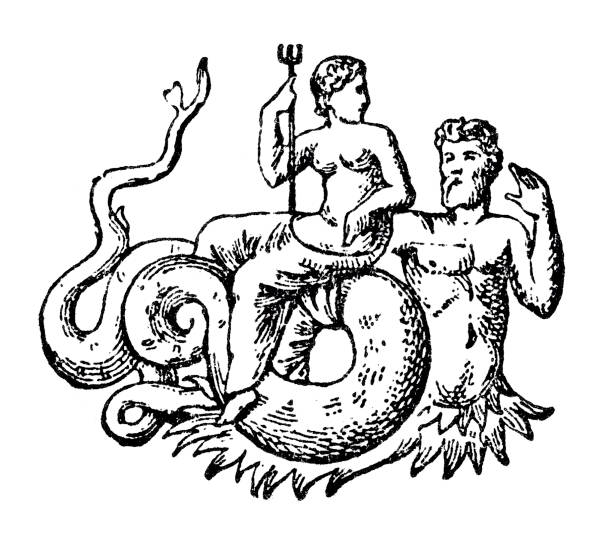Amphitrite and Triton from Greek mythology. Amphitrite is a sea goddess, often represented as a queen of the ocean and consort to Poseidon, god of the sea. Triton, usually depicted as a merman with a fish tail, is her son and messenger of the sea.

In classical art, Amphitrite is commonly shown with Triton by her side, sometimes riding on sea creatures or depicted in the midst of ocean motifs. Here, Amphitrite is holding a trident, an attribute associated with sea deities, which emphasizes her connection to the ocean.
Original edition from my own archives
Source : Larousse 1899