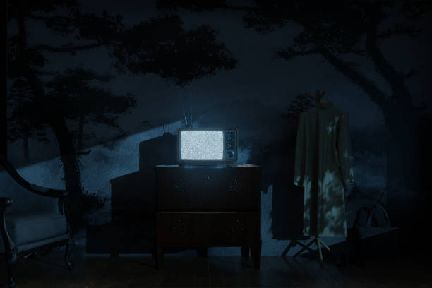 istock Old television and bright static screen in a vintage living room at night. 3D Rendering 2182816080