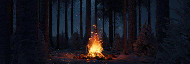 istock 3d rendering of a bonfire in a snowy forest and moonlight sky 2182816739