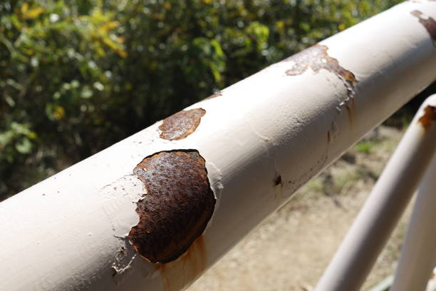 The paint on the metal railing is peeling and rusting.