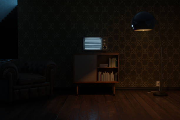 istock 3D rendering of a retro living room with an old television with bright static screen 2182821272