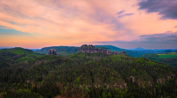 istock Aerial view of Schrammsteine during sunset 2182822001