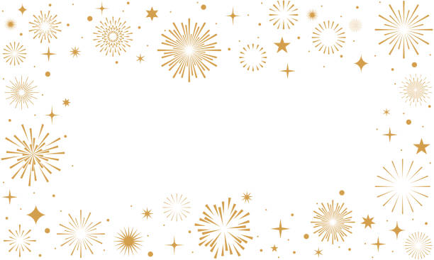 Fireworks background, gold fireworks vector border, frame Gold fireworks background with stars isolated. Holiday vector frame with copy space for text in the middle. Celebration border for New Year card, invitation, poster firework explosive material stock illustrations
