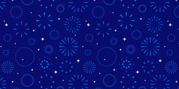 Blue fireworks background, celebration seamless pattern Blue background with fireworks ans stars seamless pattern on blue background. Christmas, New Year, celebration or holiday background firework explosive material stock illustrations