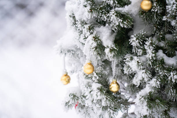 istock Christmas tree with decorative balls covered with snow. 2182824565
