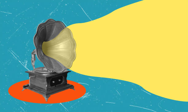 istock Modern art collage with gramophone image on blue background with copy space. 2182829278