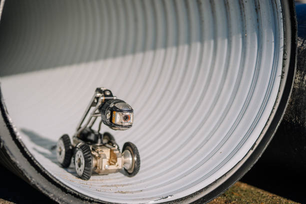 A small inspection robot with a camera navigates inside a large industrial pipe, showcasing intricate details of its design and wheels.