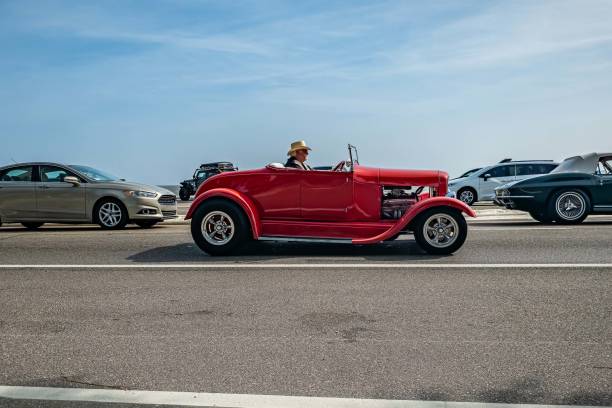 Gulfport, MS - October 04, 2023: Wide angle side view of a 1932 Ford Model 18 Roadster at a local car show.