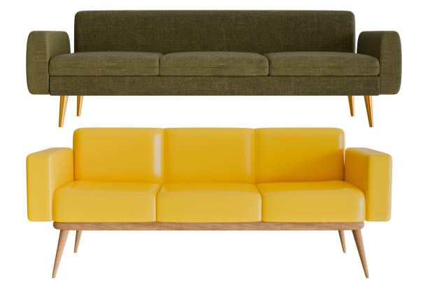 istock Yellow and green sofa, fabric or leather texture 3D illustration rendering set Simulation of a sofa in front view modern furniture interior design 2182849594