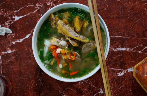 Fresh delicious bowl of Vietnamese chicken pho in Ha Giang view from the top