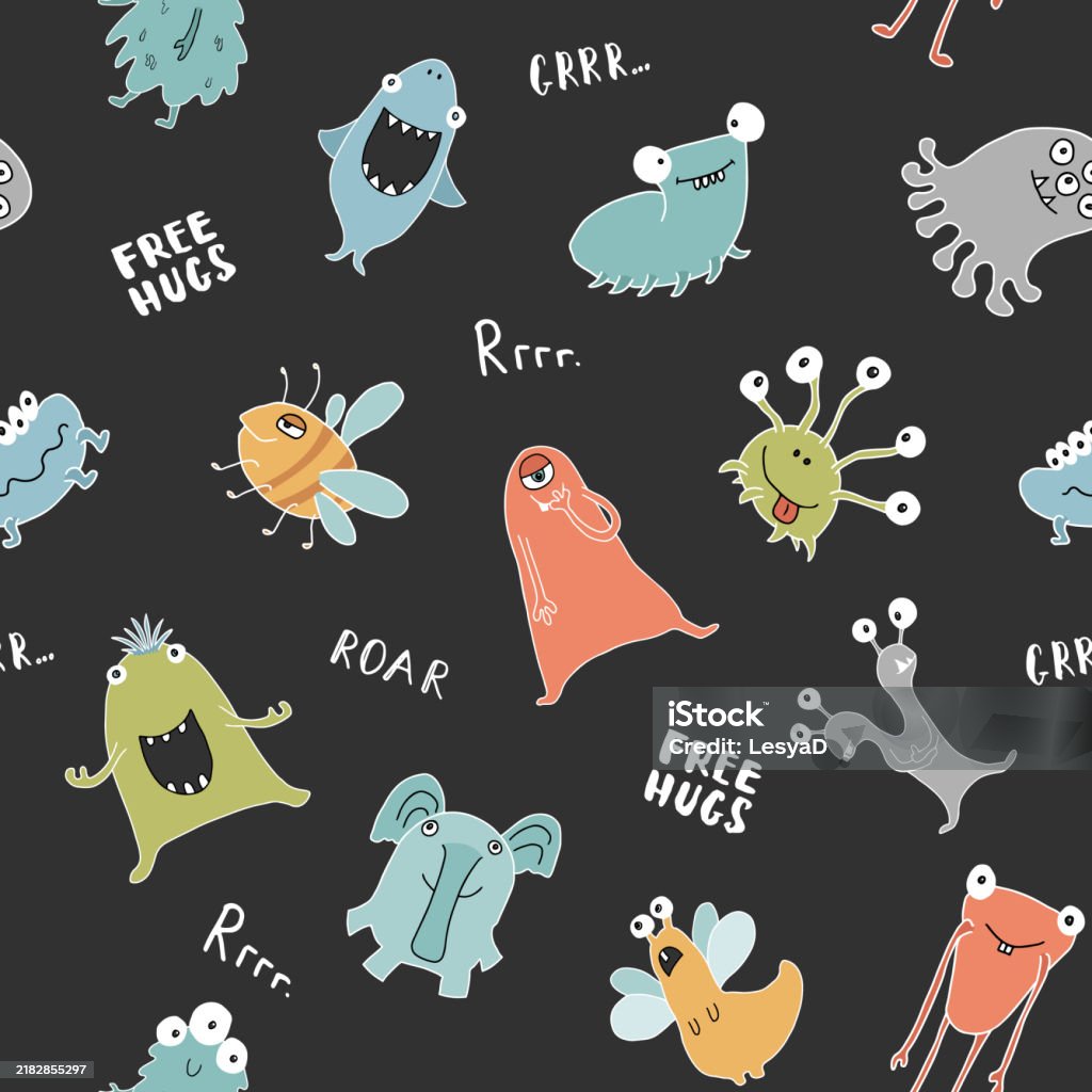 Monster Background Vector Cute Monsters Seamless Pattern Cartoon Monsters Background Vector ...