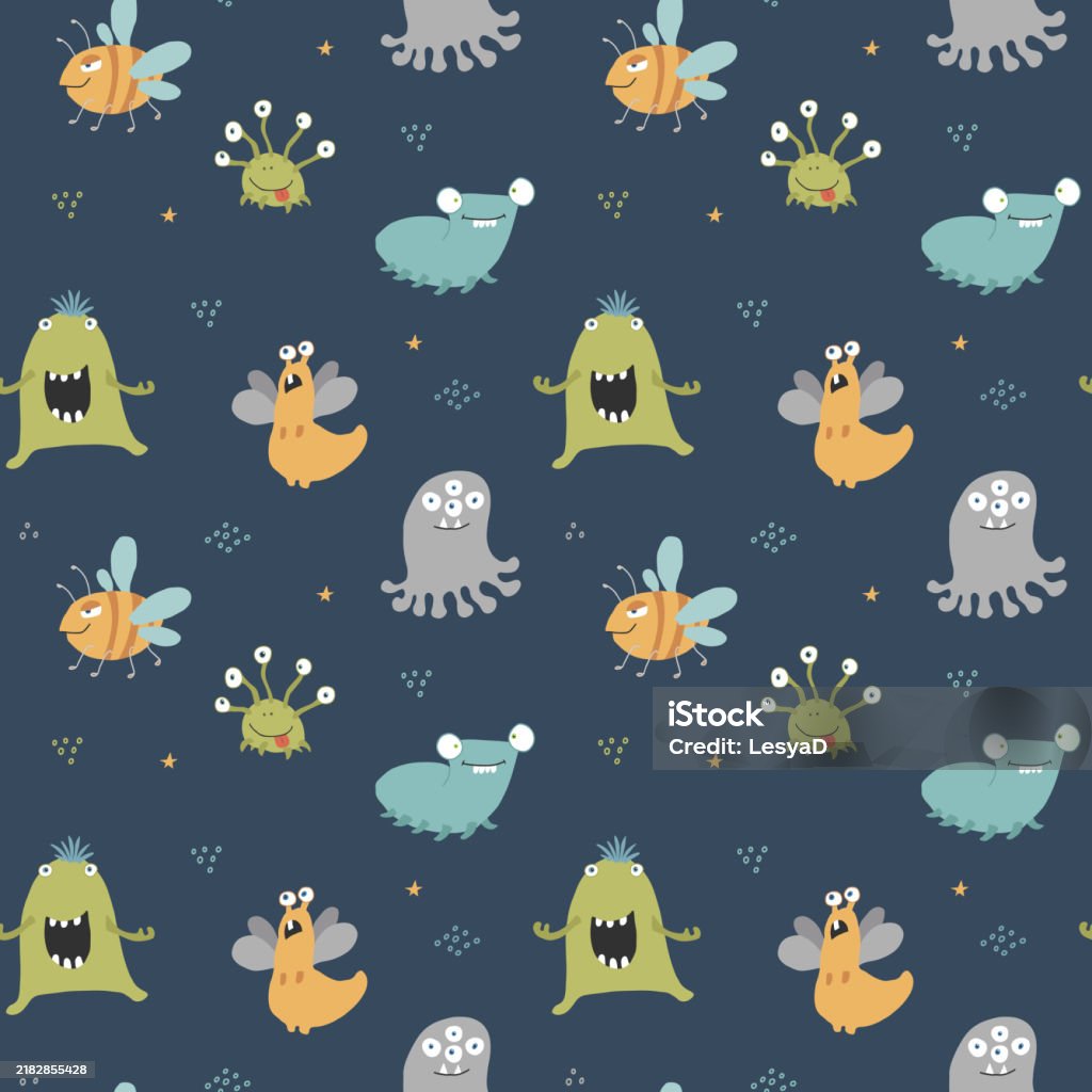 Monster Background Vector Cute Monsters Seamless Pattern Cartoon Monsters Background Vector ...