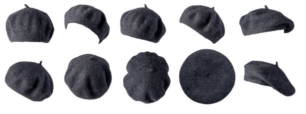 female gray  beret isolated on white background. autumn accessory. set of ten hats