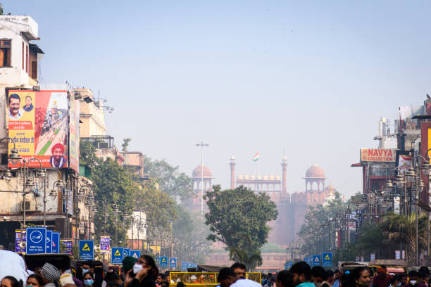 DELHI INDIA-November 27, 2021: View of crowded market and  rustic buildings and  of Chawri Bazaar and chandni chawk in Old Delhi, India
