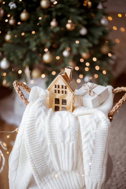 Christmas cozy home decor. Light, Christmas tree. Winter holidays.