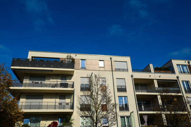 istock modern residential buildings in Munich, blue sky 2182865181
