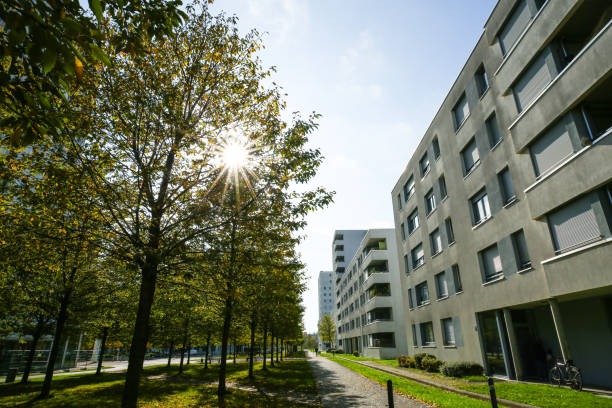 istock modern residential buildings in Munich, blue sky 2182865193