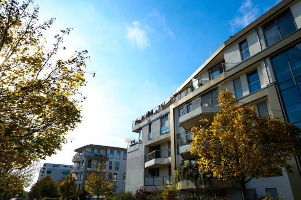 istock modern residential buildings in Munich, blue sky 2182865194