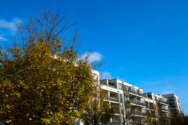 istock modern residential buildings in Munich, blue sky 2182865260