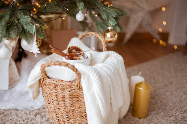 Christmas cozy home decor. Light, Christmas tree. Winter holidays.