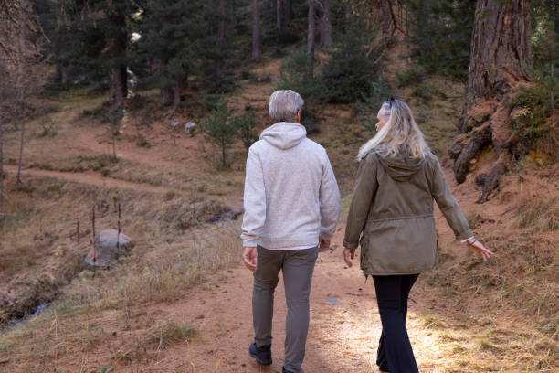 istock Mature couple walk pathway in larch forest, autumn 2182870625
