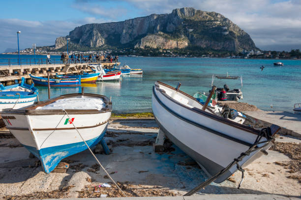 Palermo, Sicily, Italy - March 26, 2017: Fishing boats, in the small port of Mondello
