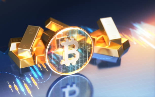 istock Gold Bars and Metal Shiny Bitcoin Symbol on Big Data Data Background 2182873121