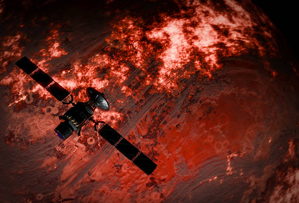 istock Satellite in Space over lava planet 3D illustration 2182875126