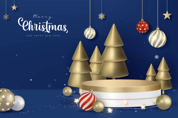 istock Round Christmas stage podium design for product display in blue background festive decoration 2182878053