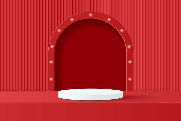 istock Abstract 3D red podium background. Modern minimalist mockup for product display presentation. Realistic red cylinder pedestal podium. 2182878379