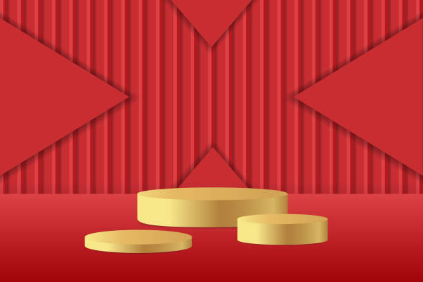 istock Abstract 3D red podium background. Modern minimalist mockup for product display presentation. Realistic red cylinder pedestal podium. 2182878399