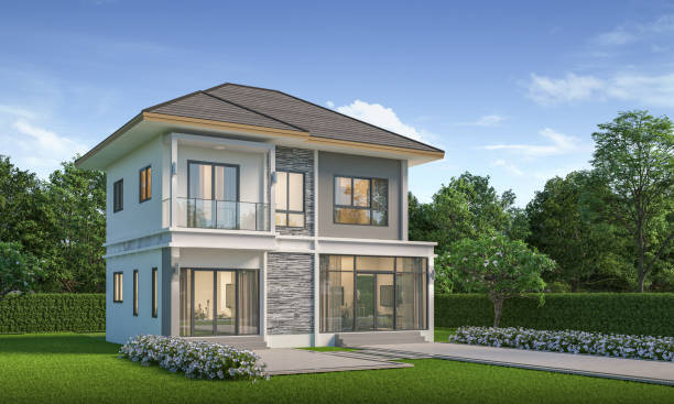 istock Modern house exterior day light with lawn grass.3d rendering 2182881233