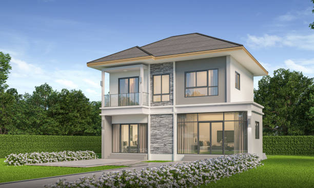 istock Modern house exterior day light with lawn grass.3d rendering 2182881247