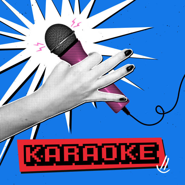 istock Advertising cover in retro collage style. Microphone in hand with halftone and scribble effect. Explosive music collage for karaoke advertising. 2182882960