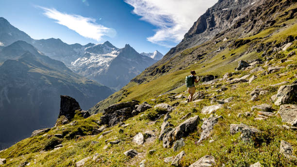 istock Hiker exploring alpine trail with glacier views near Zinal, Switzerland 2182883015
